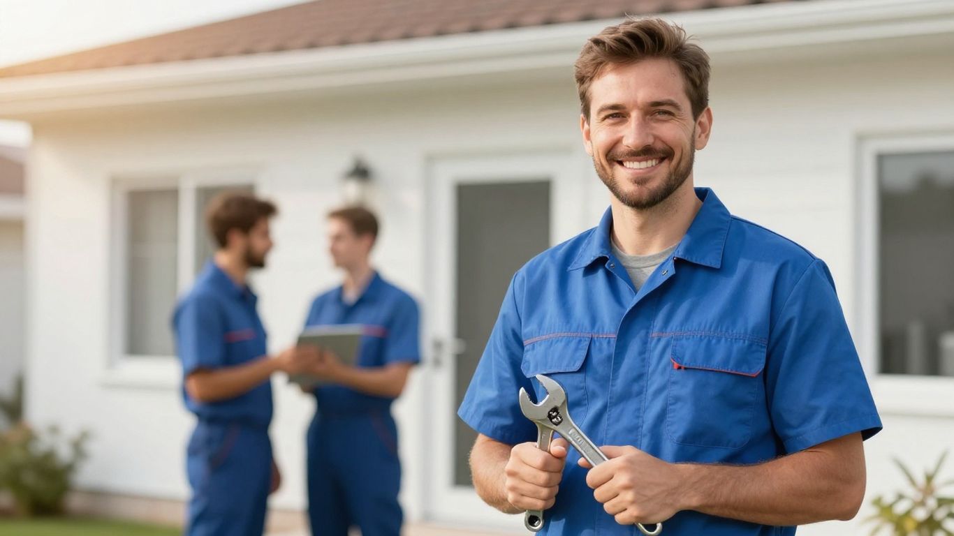 Trusted HVAC technician with wrench outside a home.