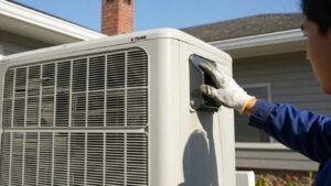 Trane AC unit with technician performing repair.