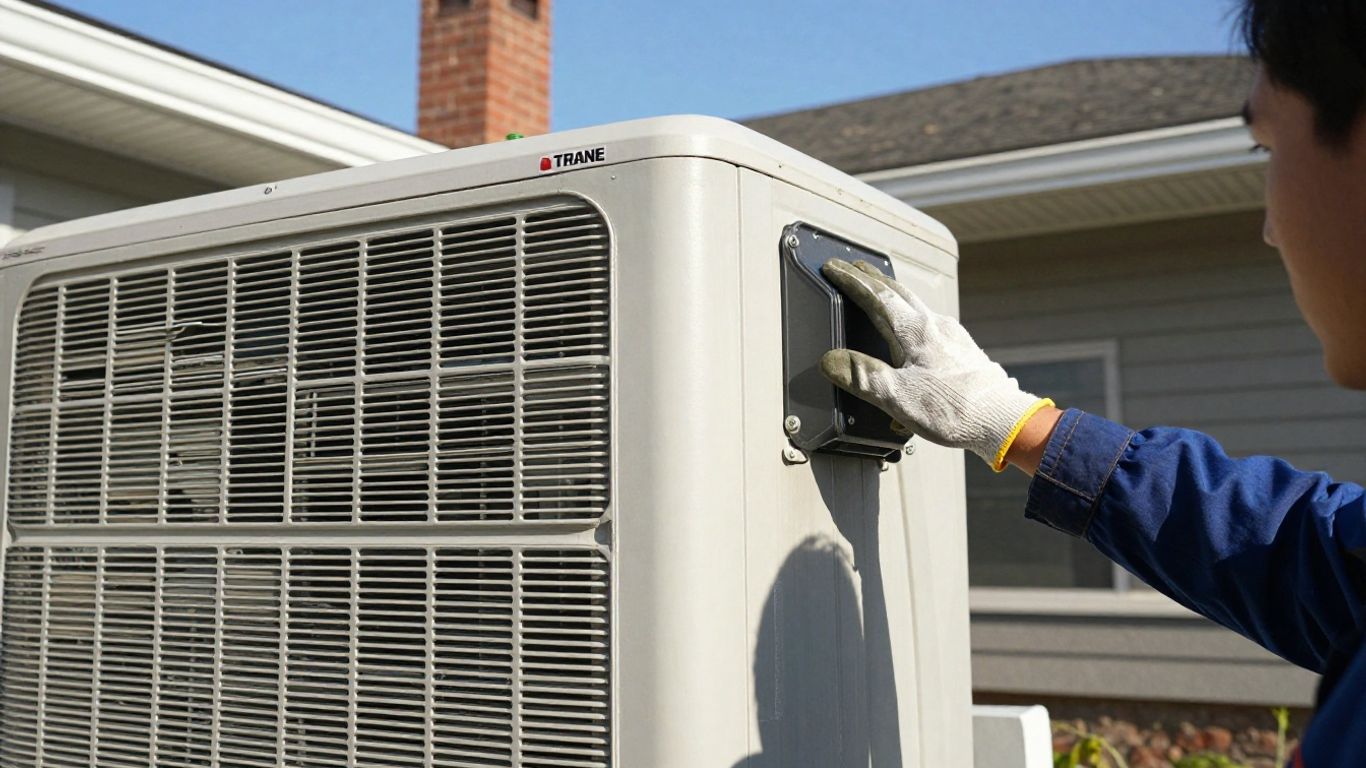 Trane AC unit with technician performing repair.