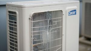 Carrier AC unit with condensation, indicating cooling problem.