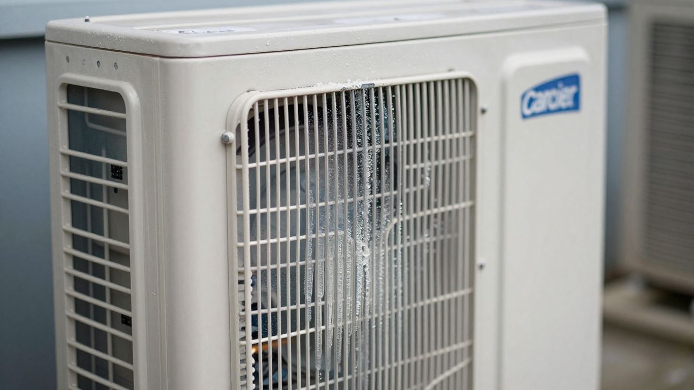 Carrier AC unit with condensation, indicating cooling problem.