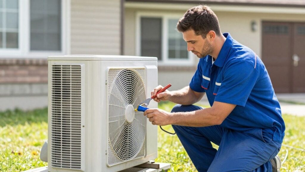 HVAC technician repairing an outdoor AC unit.