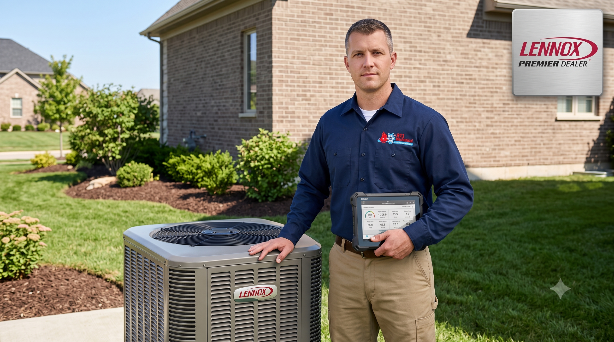 Certified 911 Mechanical Lennox Premier Dealer technician performing AC repair in Macomb Township, MI.