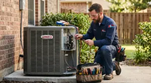 Professional 911 Mechanical technician inspecting the internal components of a Lennox AC unit during a repair service.