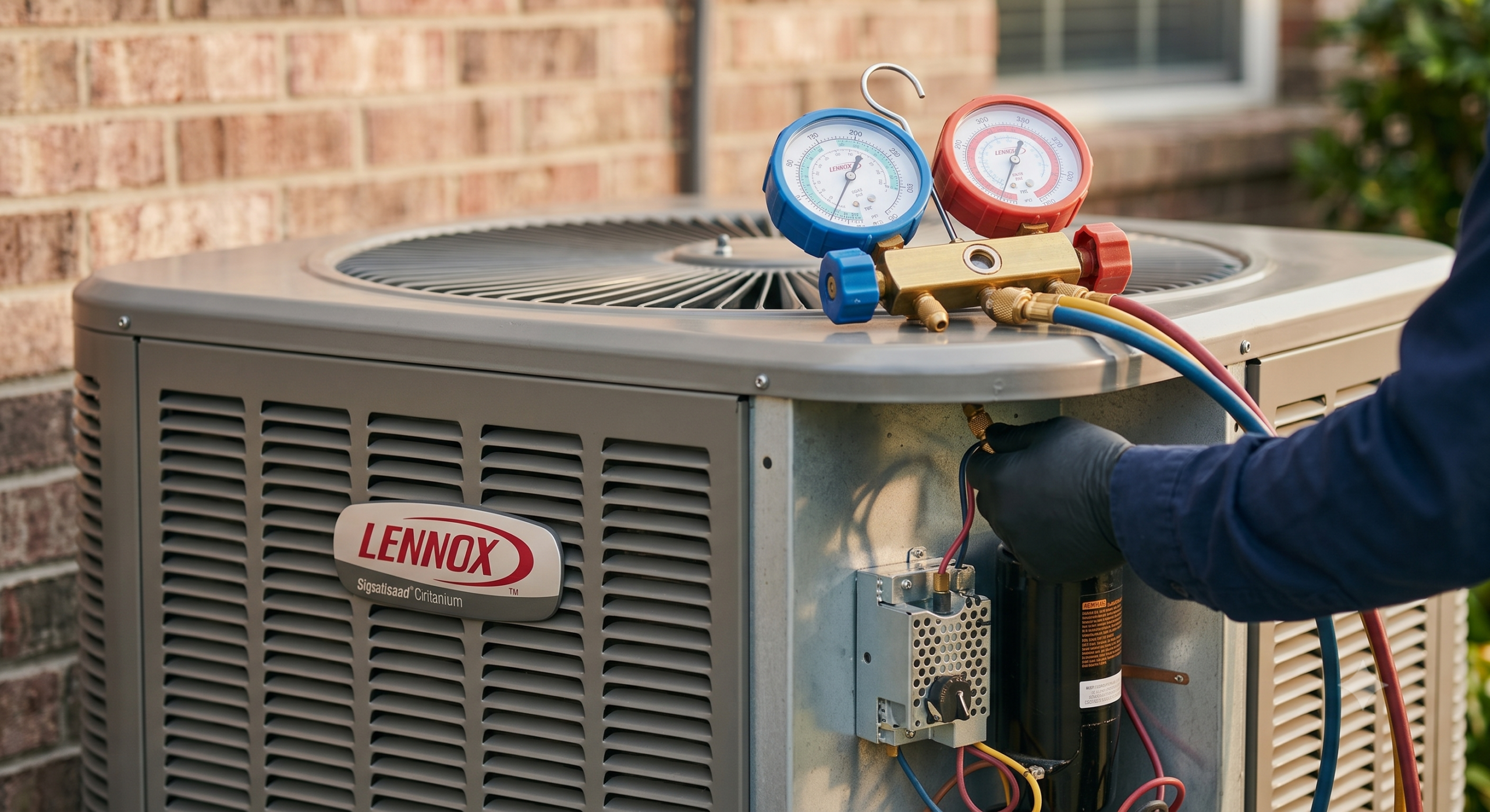 A focused image of a Lennox Signature Collection air conditioner unit undergoing service against a red brick residential wall. Manifold gauges sit on top of the grey condenser, with a gloved hand visible making a connection. The Lennox logo is clearly visible on the front panel.