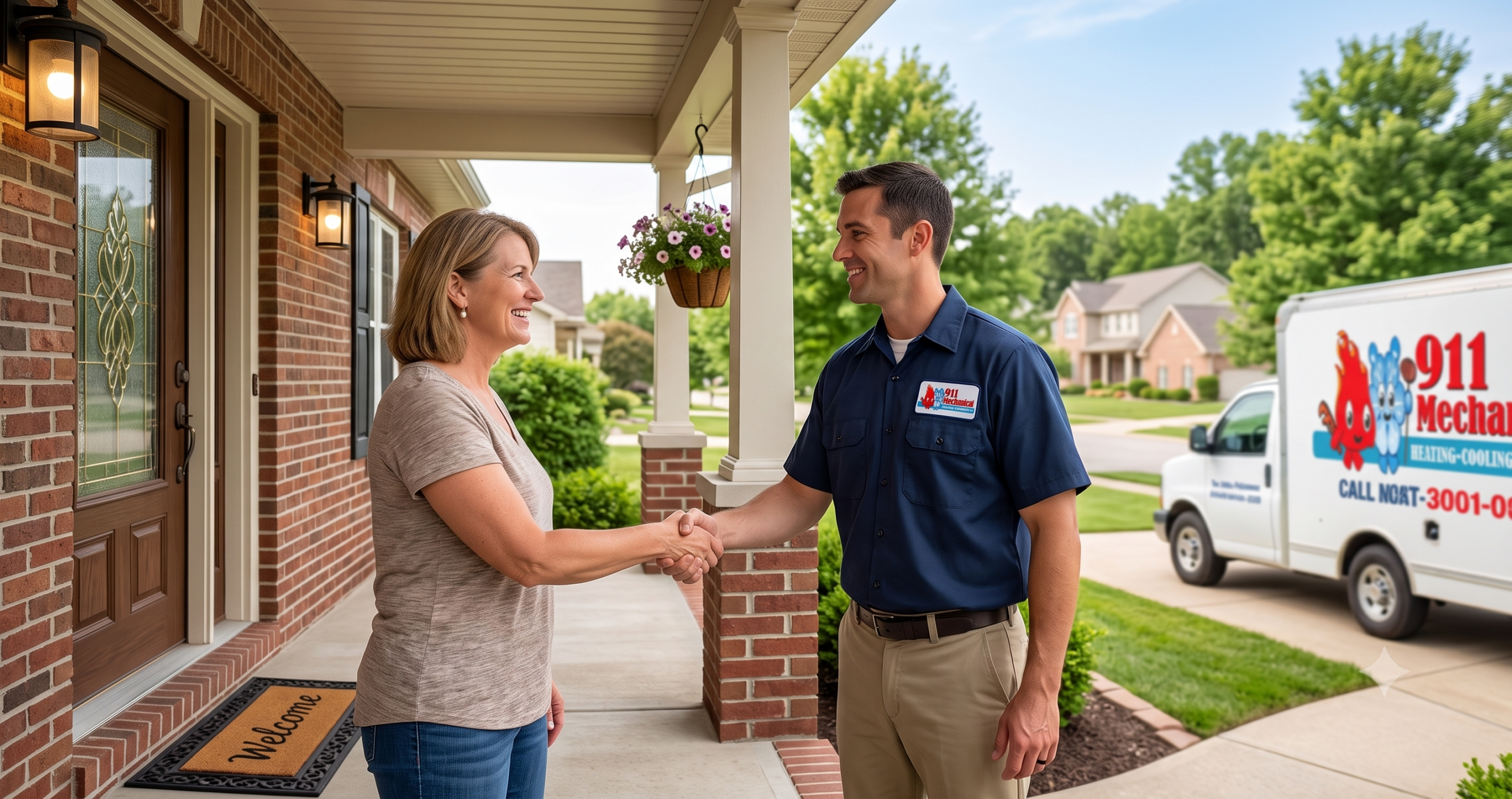 Local HVAC technician shaking hands with a homeowner outside a suburban home.