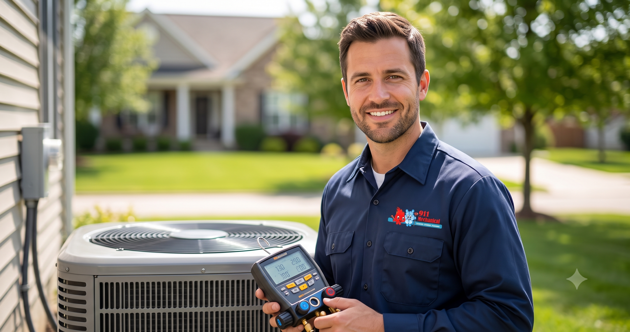 Professional NATE-certified technician inspecting an outdoor air conditioner unit.