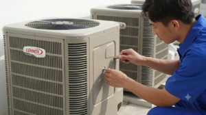 Side profile of a male HVAC technician wearing a blue uniform shirt, kneeling outdoors while servicing a beige Lennox air conditioning condenser unit. He is using tools on the side access panel of the unit, with another identical Lennox AC unit visible in the blurred background.