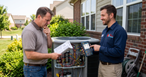 Professional HVAC technician assisting a homeowner with complex air conditioner electronics.