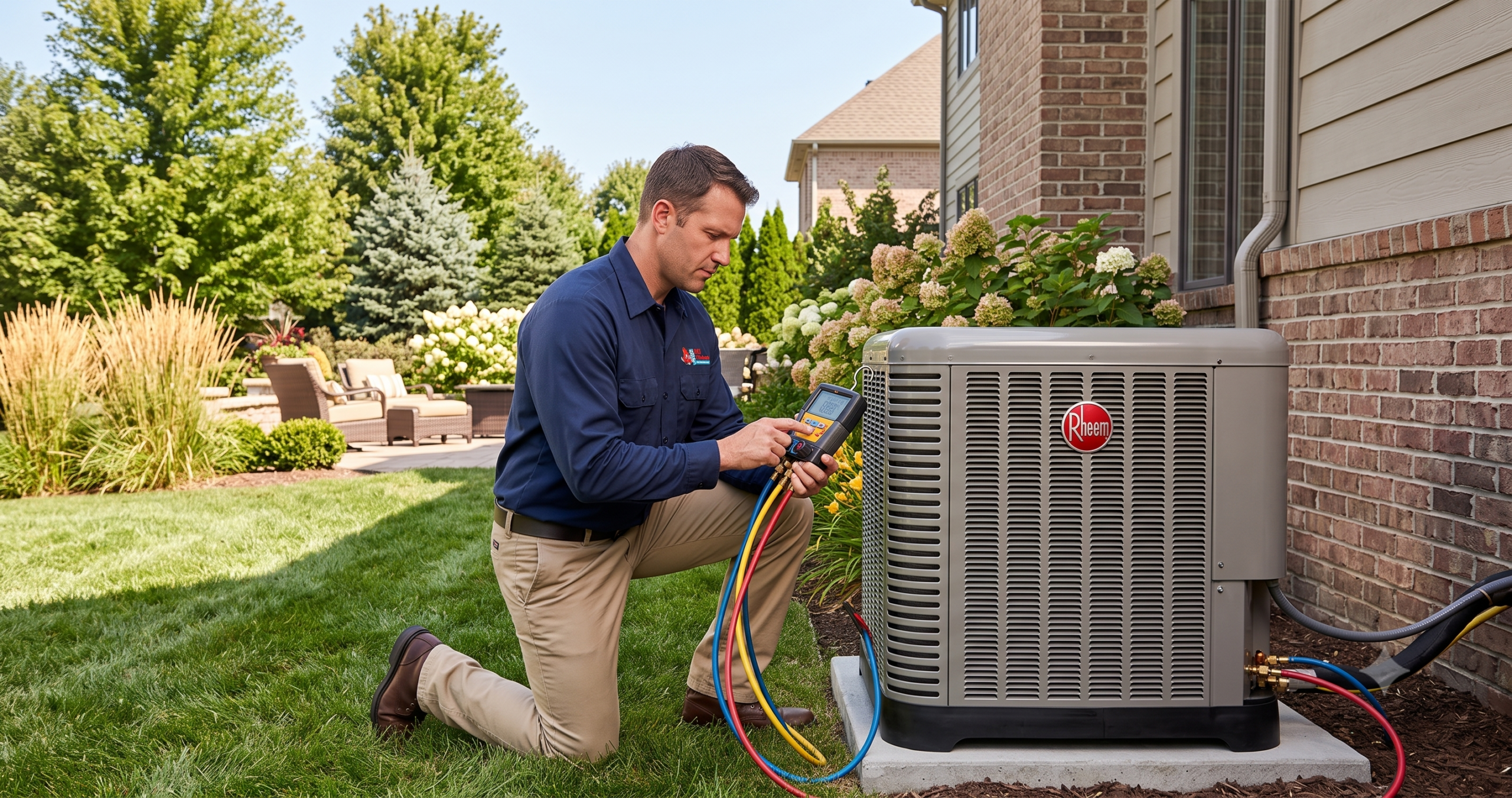 Professional 911 Mechanical technician performing Rheem AC repair in Bloomfield Hills, MI.