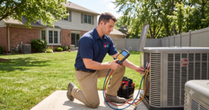 Professional 911 Mechanical technician performing Rheem AC repair and diagnostics in Warren, MI.