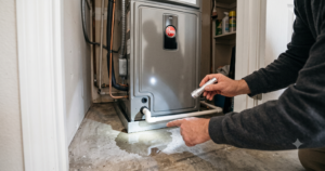 Homeowner inspecting a Rheem air handler leaking water onto the floor.