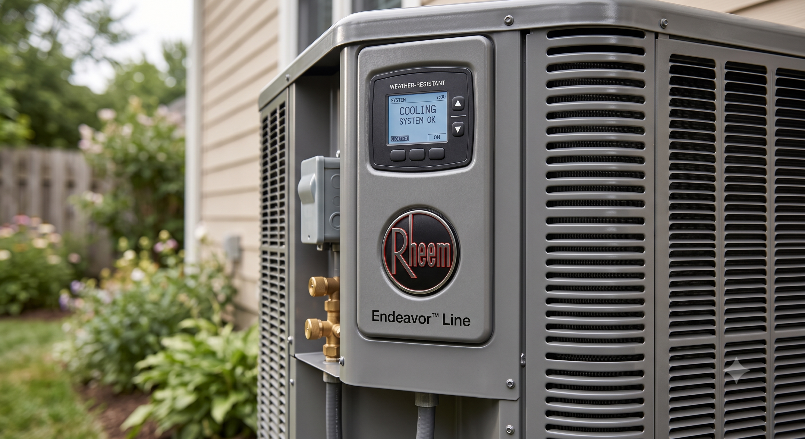 Close-up detail of a Rheem Endeavor Line air conditioner unit showing the brand logo and durable casing.