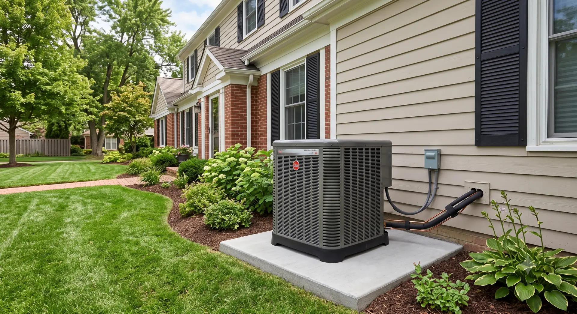 Rheem Prestige Series variable speed air conditioner installed at a residential home in Michigan.