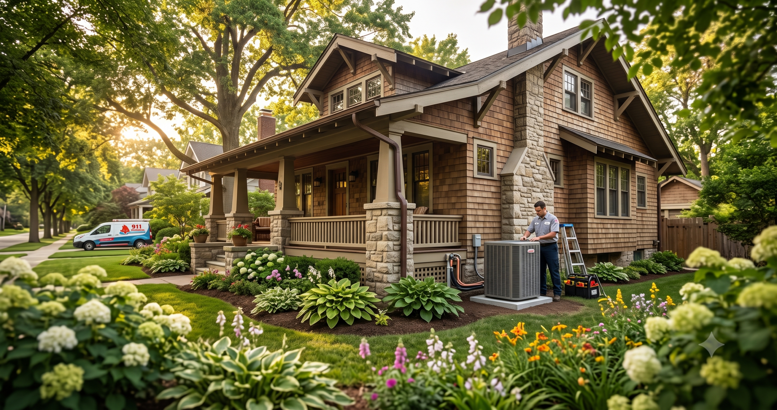 Professional air conditioning repair on a classic historic bungalow in Royal Oak.