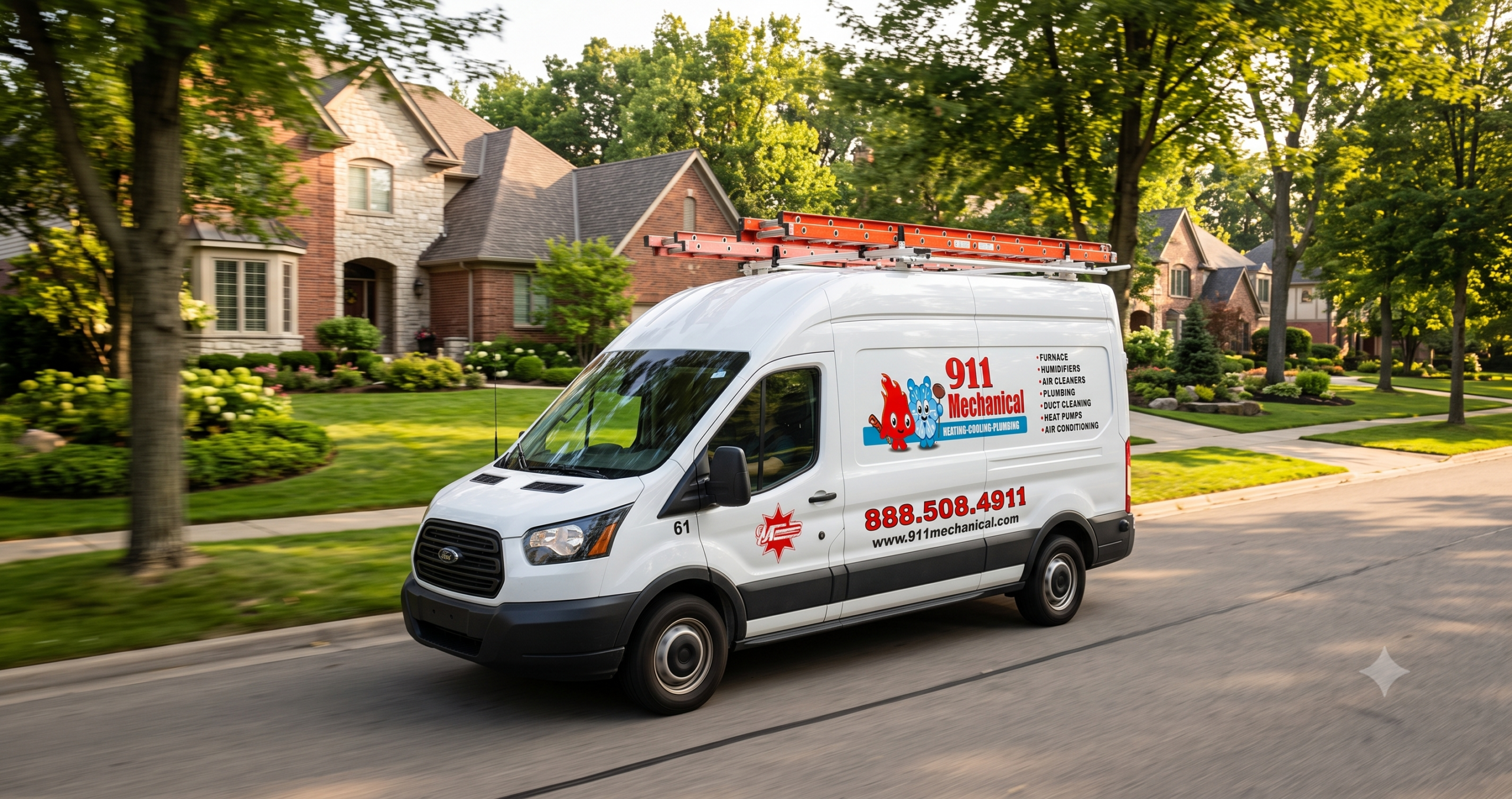 Same-day emergency AC repair service truck arriving in a West Bloomfield neighborhood.
