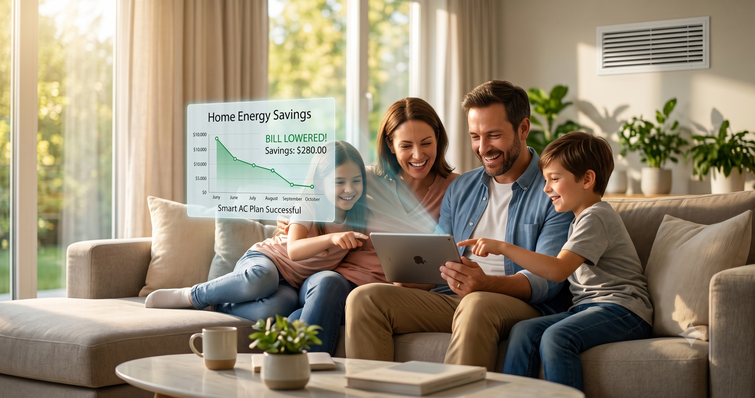 Happy family reviewing lower utility bills in a comfortably cooled home.
