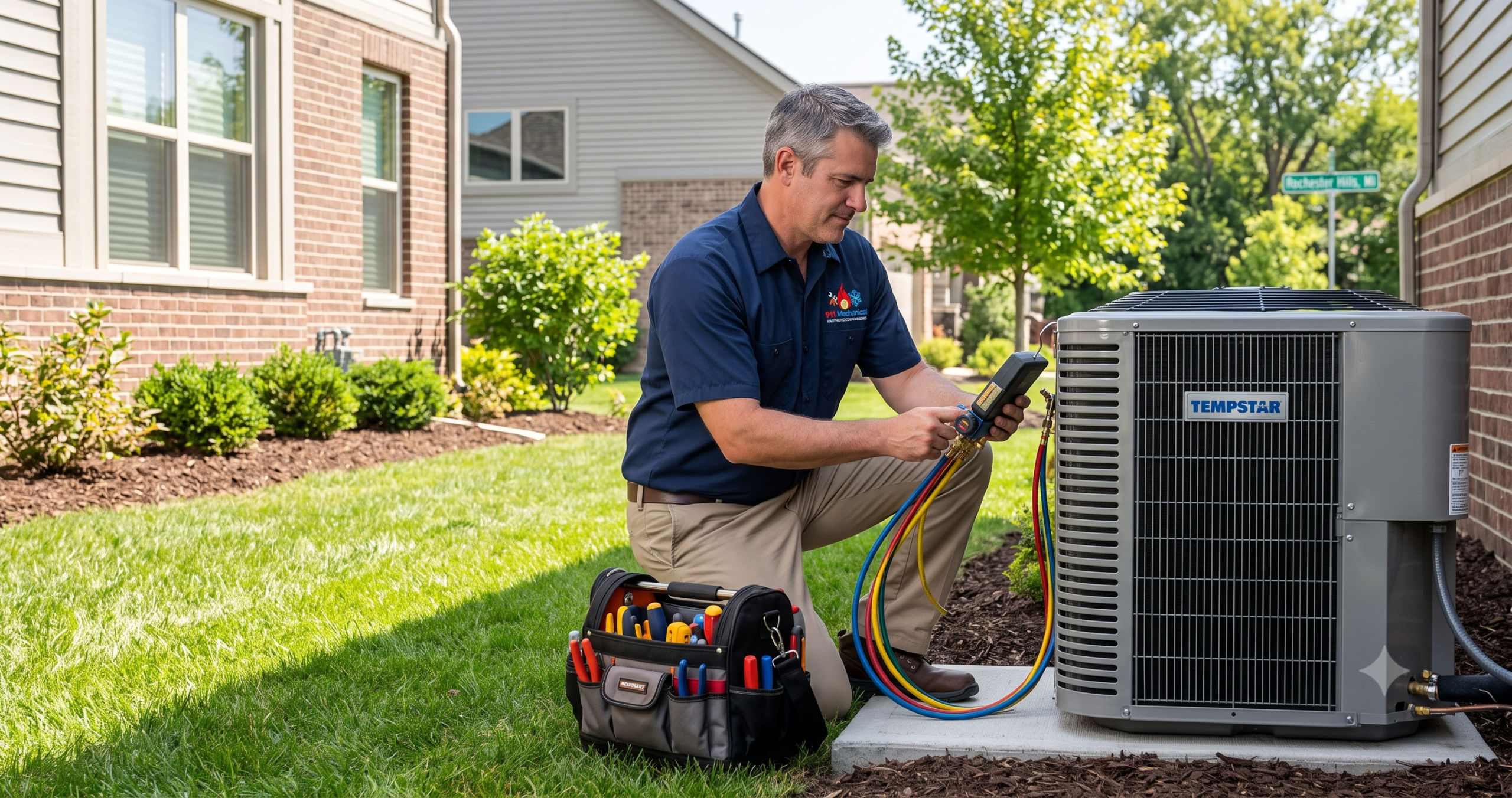 Experienced 911 Mechanical technician performing Tempstar AC repair and diagnostics in Rochester Hills, MI.