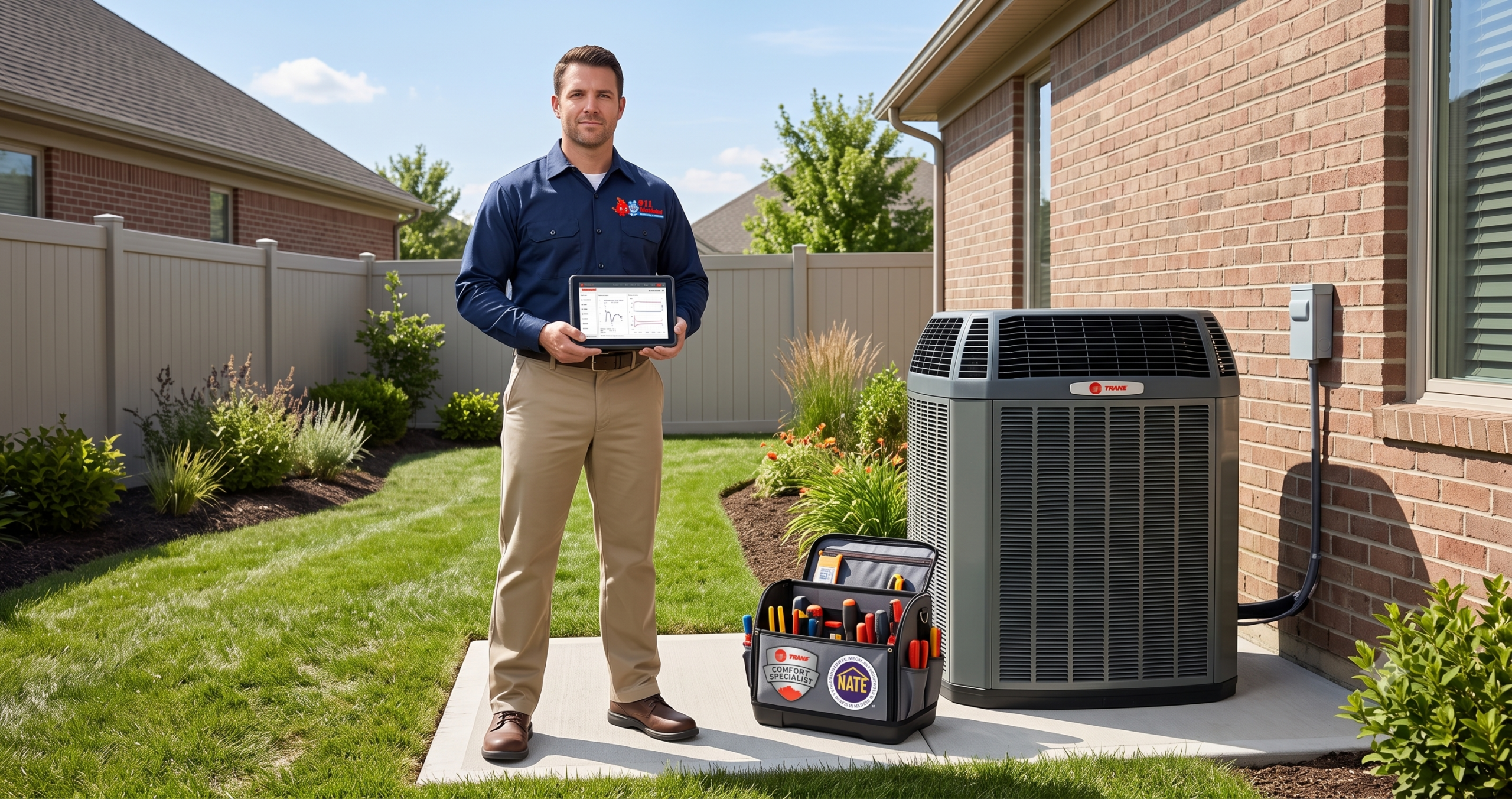 Certified 911 Mechanical Trane Comfort Specialist technician performing AC repair in Royal Oak, MI.