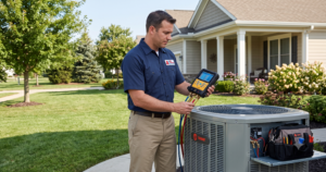 Professional 911 Mechanical technician performing Trane AC repair and diagnostics in Troy, MI.