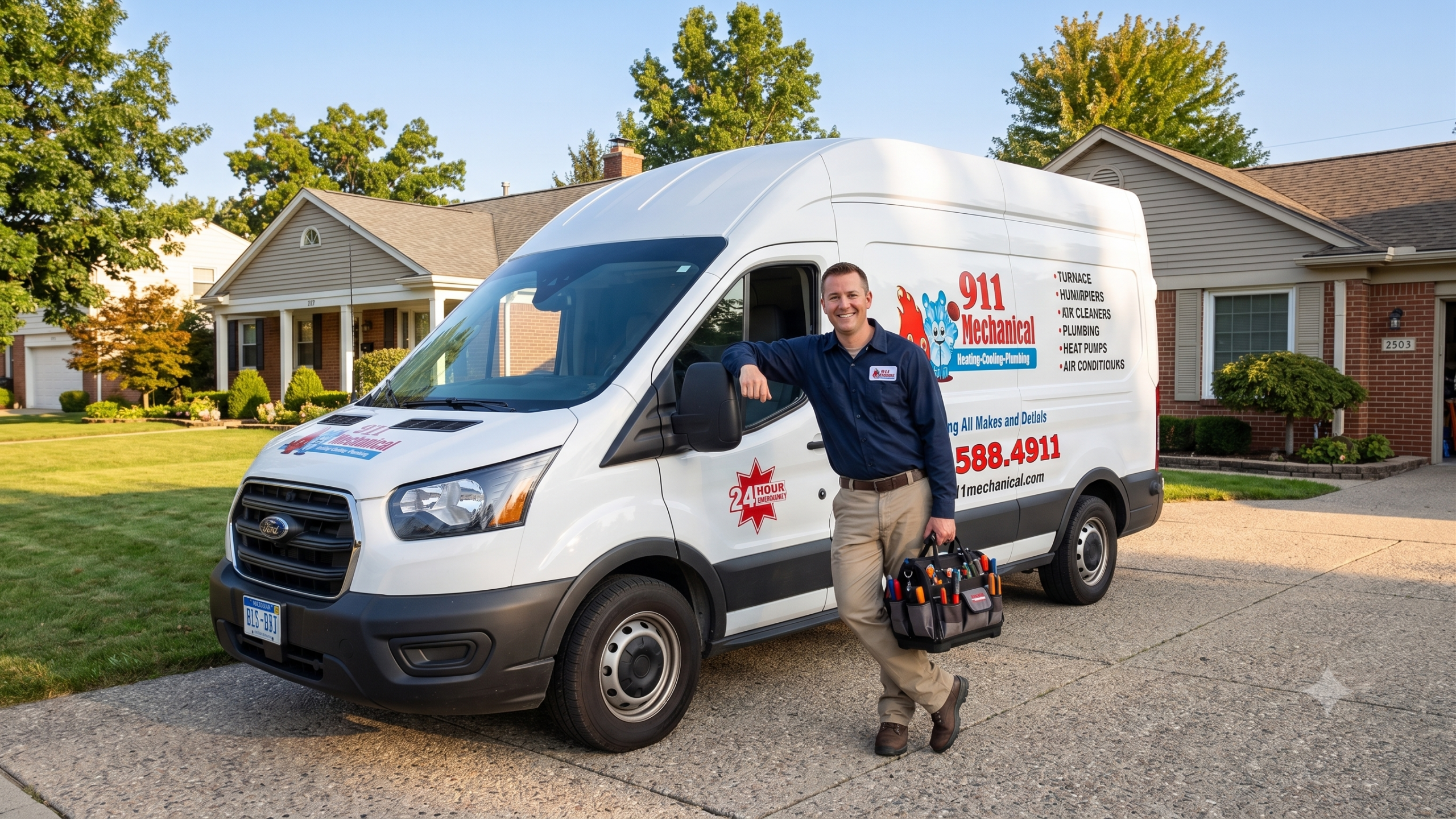 Friendly 911 Mechanical technician standing by a service van in a Metro Detroit neighborhood.