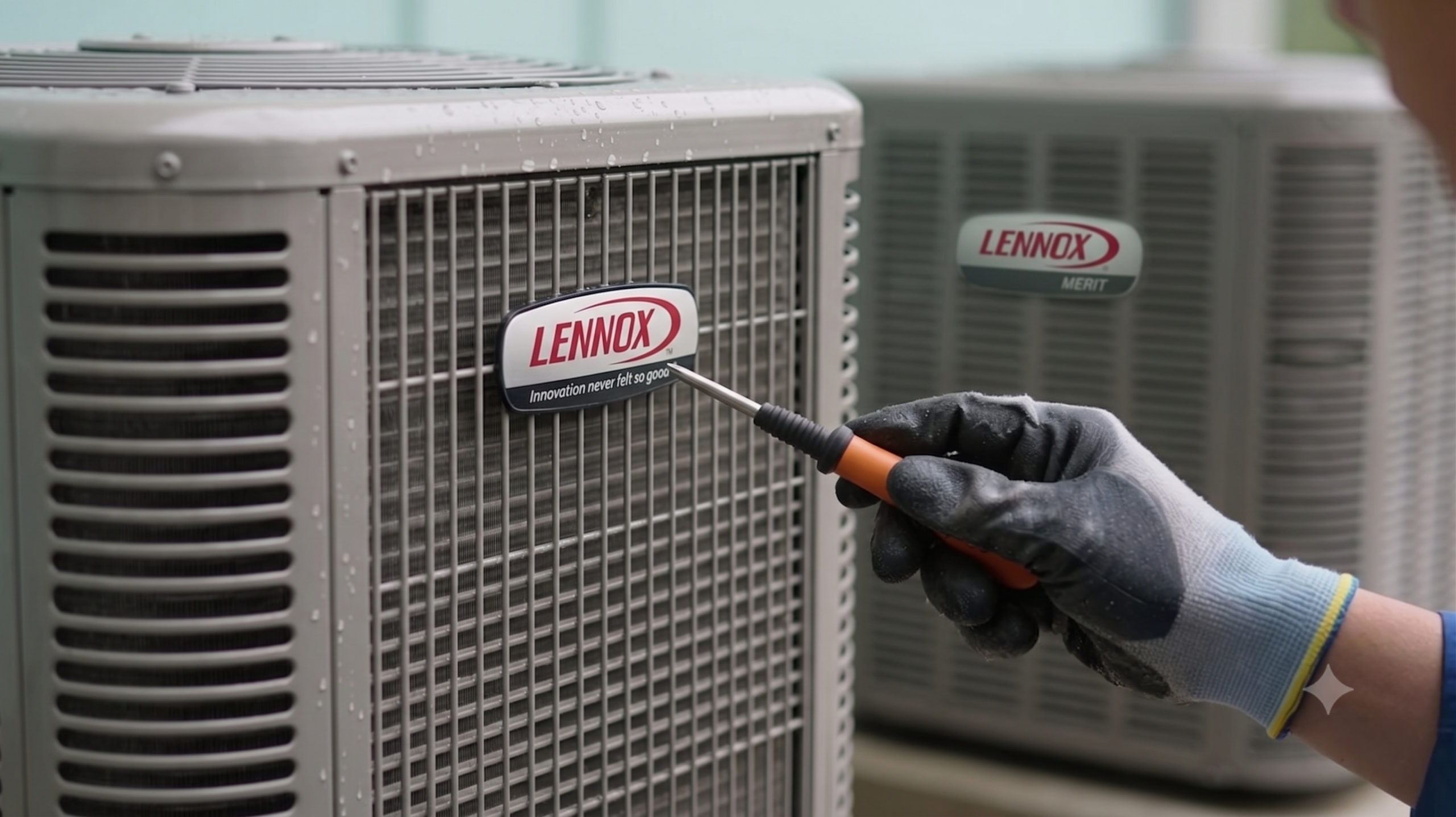 Close-up of an outdoor Lennox residential air conditioning unit being inspected by a technician holding a screwdriver, with another blurred Lennox unit in the background.