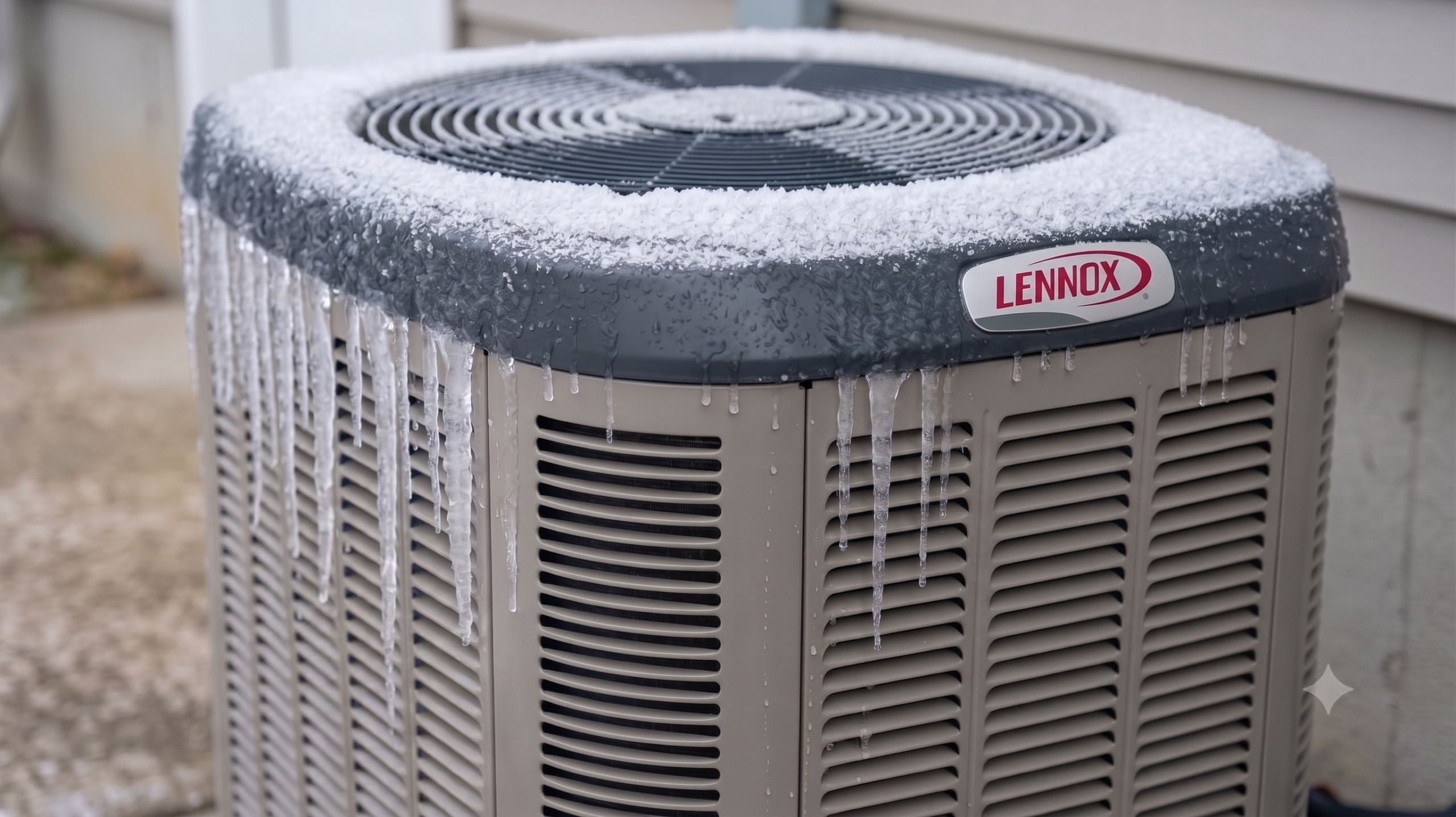 A Lennox brand outdoor air conditioning unit covered in heavy frost, with long icicles hanging down its sides.
