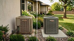A side-by-side comparison showing an old, rusted Lennox air conditioning unit against a house wall on the left, and a brand-new, clean Lennox AC unit installed on a concrete pad with gravel landscaping on the right.