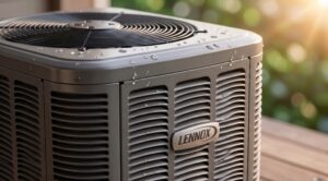 A close-up of a grey Lennox outdoor air conditioning condenser unit covered in water droplets. Warm sunlight and blurred green foliage are visible in the background.