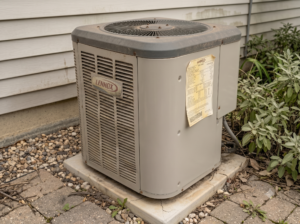 An outdoor, visibly aged and dusty Lennox air conditioning unit sits on a cracked concrete pad next to a house wall. It features horizontal louvers, a top fan grille, visible bolts, and a faded paper note taped to its side, with surrounding gravel, brick pavers, dry leaves, and sage plants.