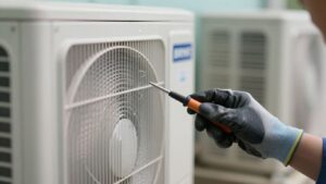 Bryant air conditioner repair technician working on unit.