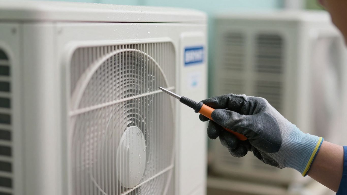 Bryant air conditioner repair technician working on unit.