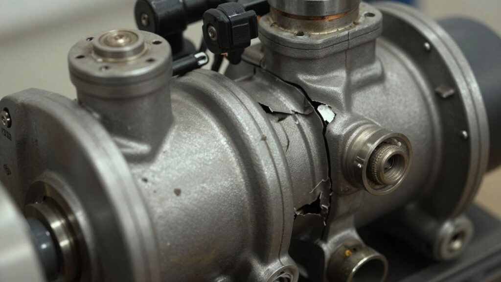 Damaged AC compressor unit with visible internal components.