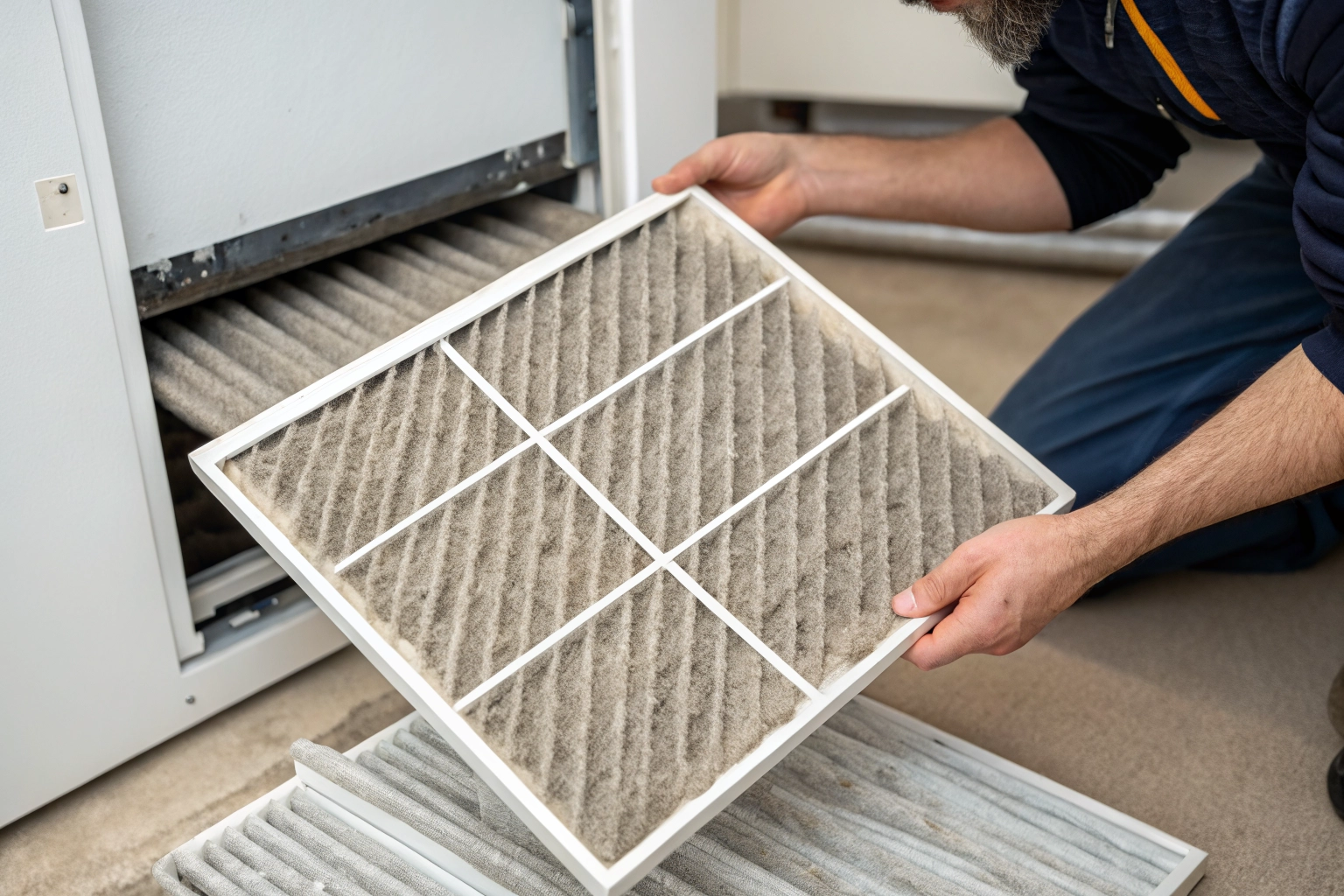 A very dirty and clogged HVAC air filter covered in thick grey dust.