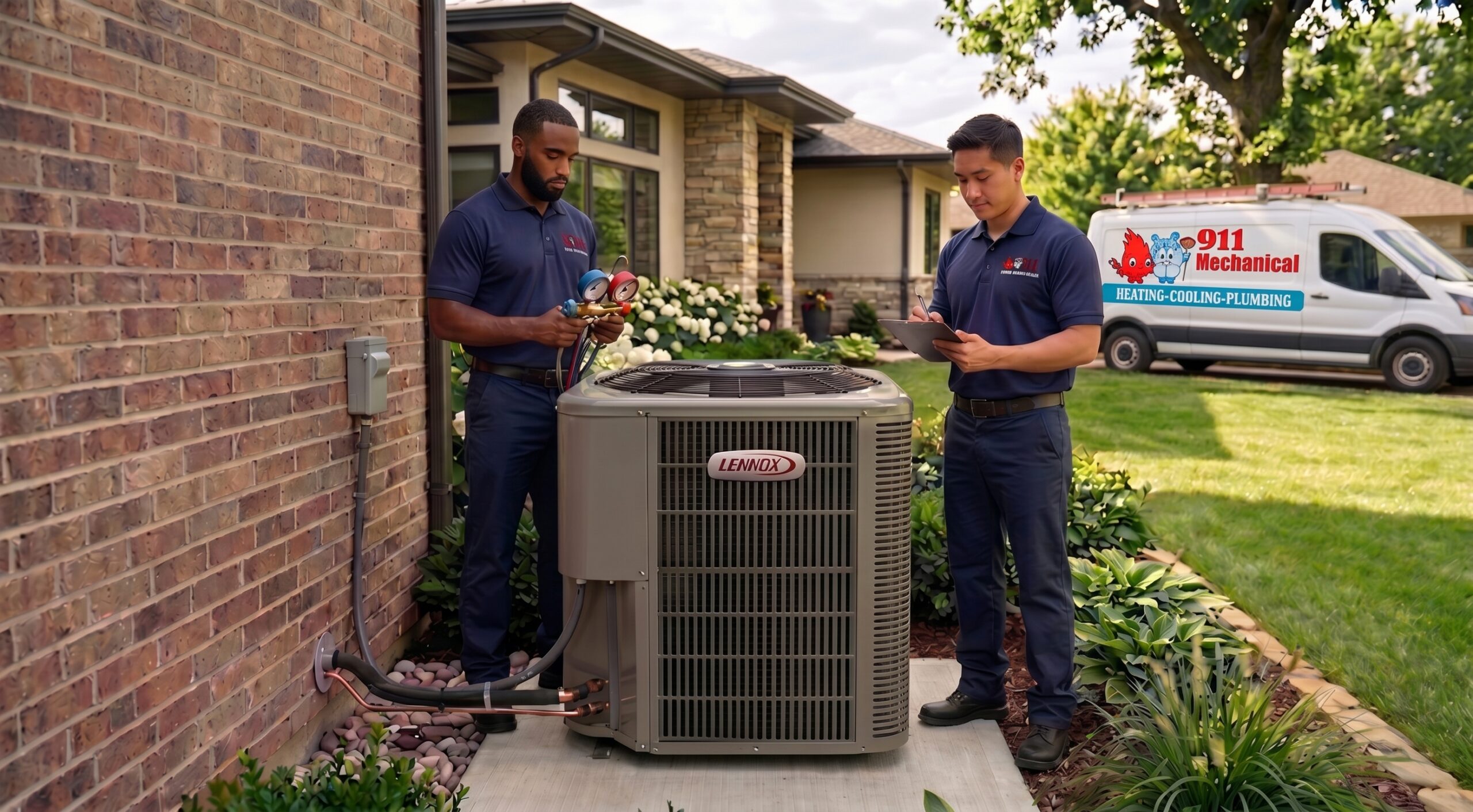 Two professional HVAC technicians from 911 Mechanical inspecting and servicing a Lennox air conditioning unit outside a residential brick home