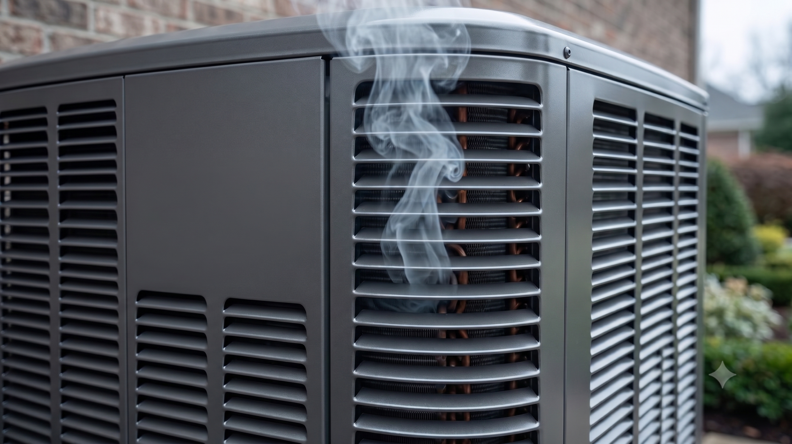A close-up photograph of a dark gray residential outdoor air conditioning condenser unit with a distinct plume of light gray smoke billowing upwards from its louvered vents, set against a brick house.