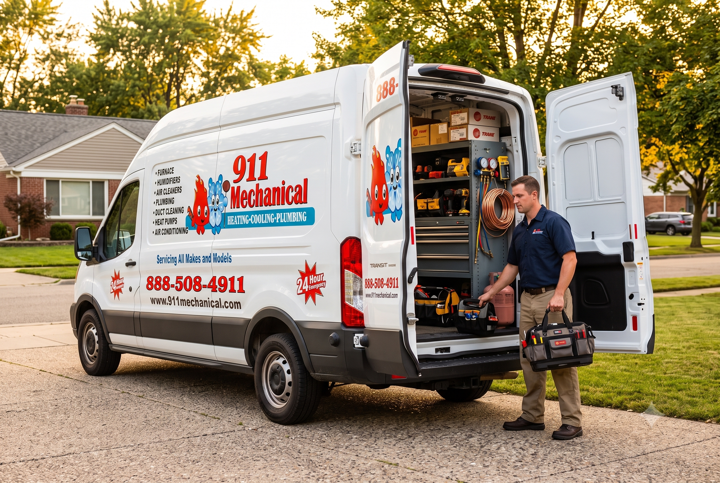 911 Mechanical "Warehouse on Wheels" service van stocked with Trane parts for emergency AC repair in Royal Oak, MI.