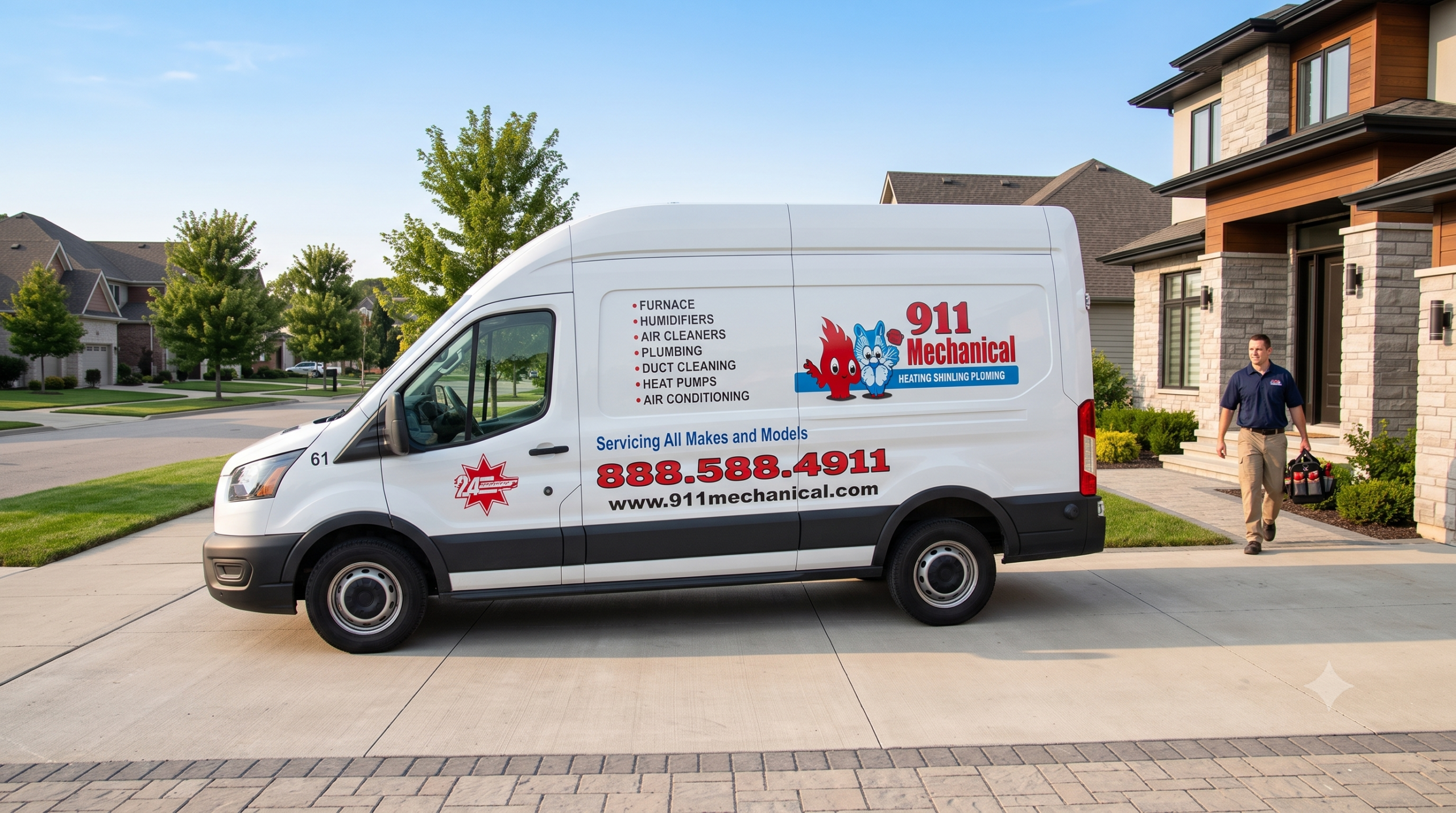 911 Mechanical HVAC service van arriving for a residential AC repair in Macomb County.