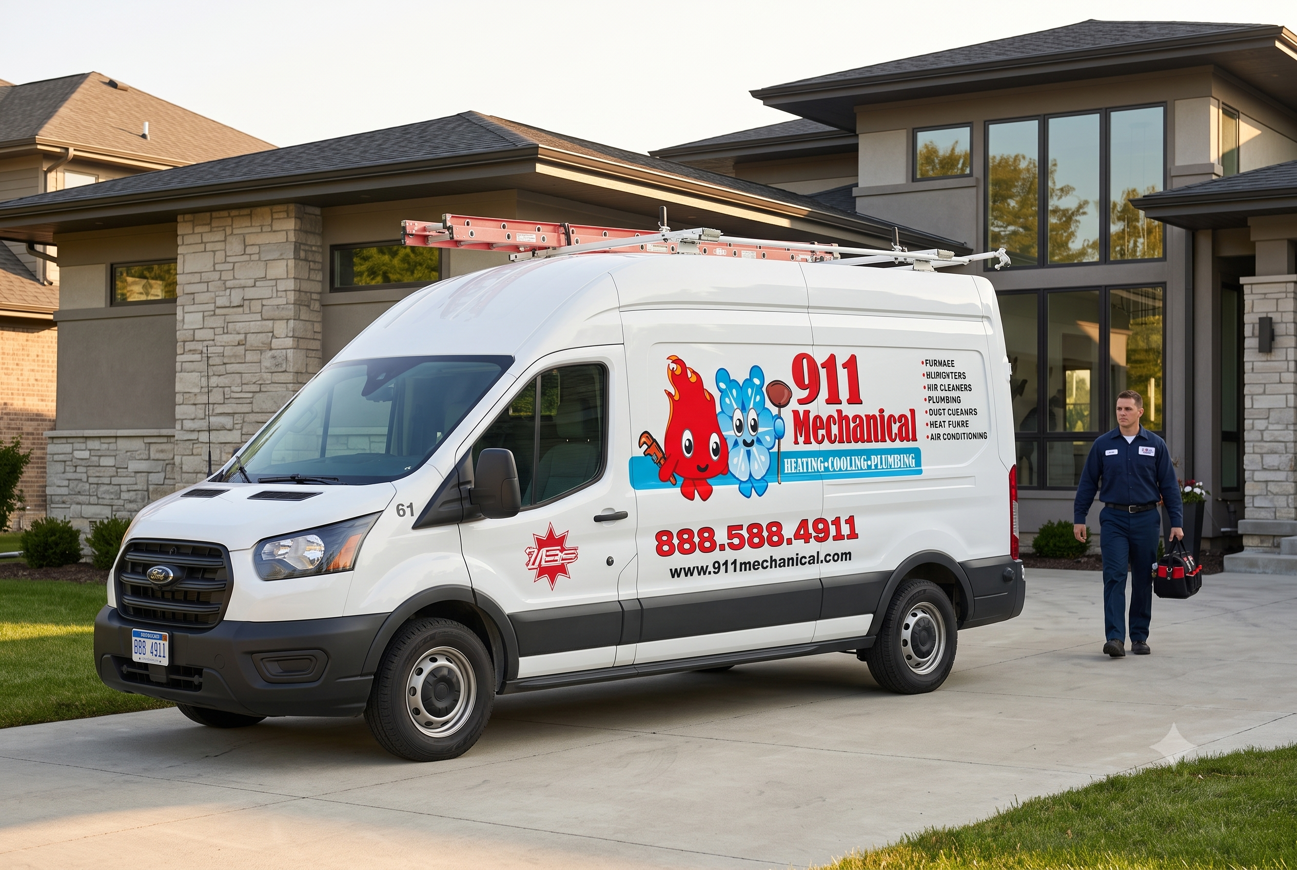 911 Mechanical service van arriving for a residential Bryant AC repair in Shelby Township.