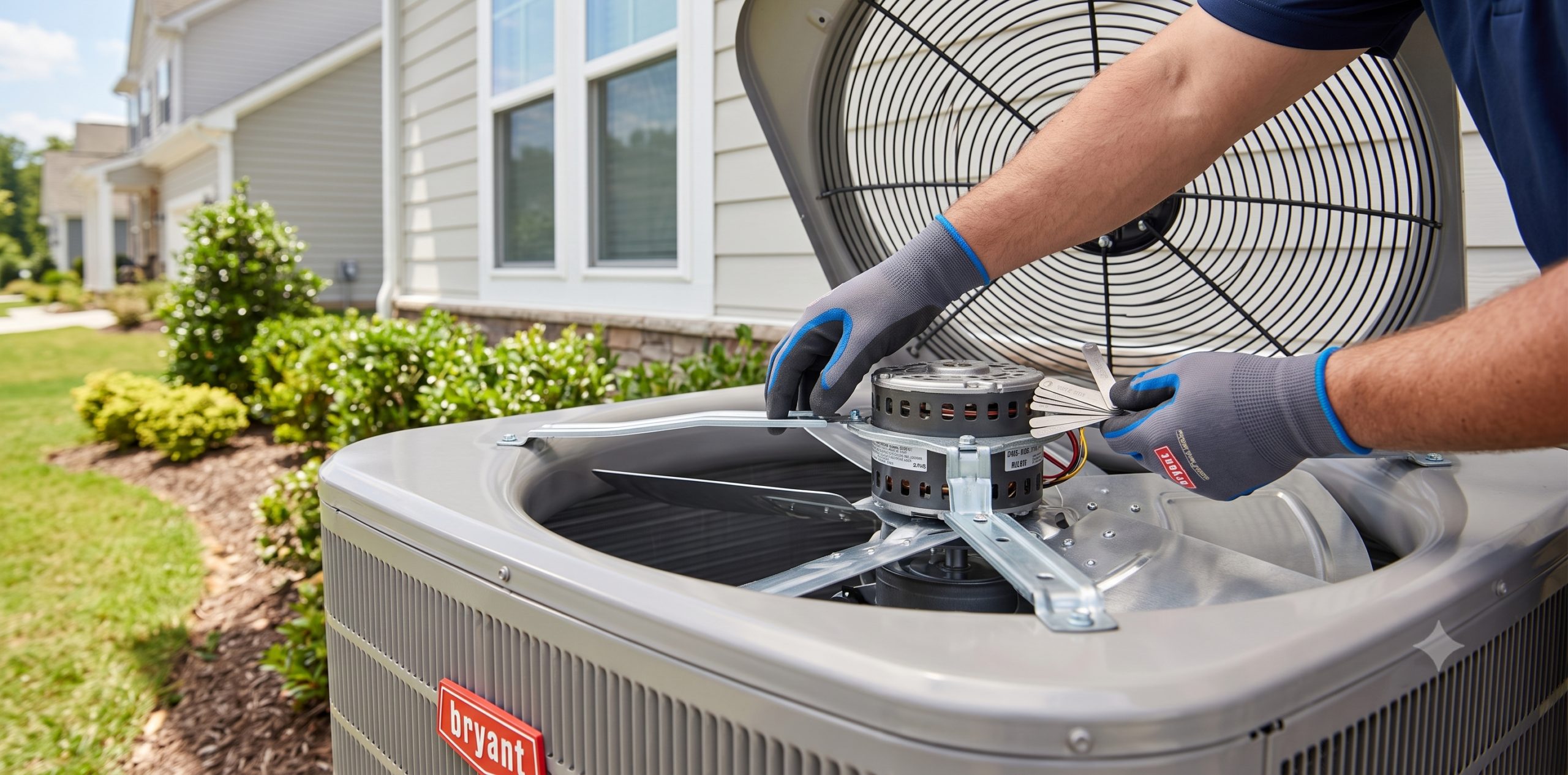 Technician inspecting the fan blades and motor of a noisy Bryant AC unit.