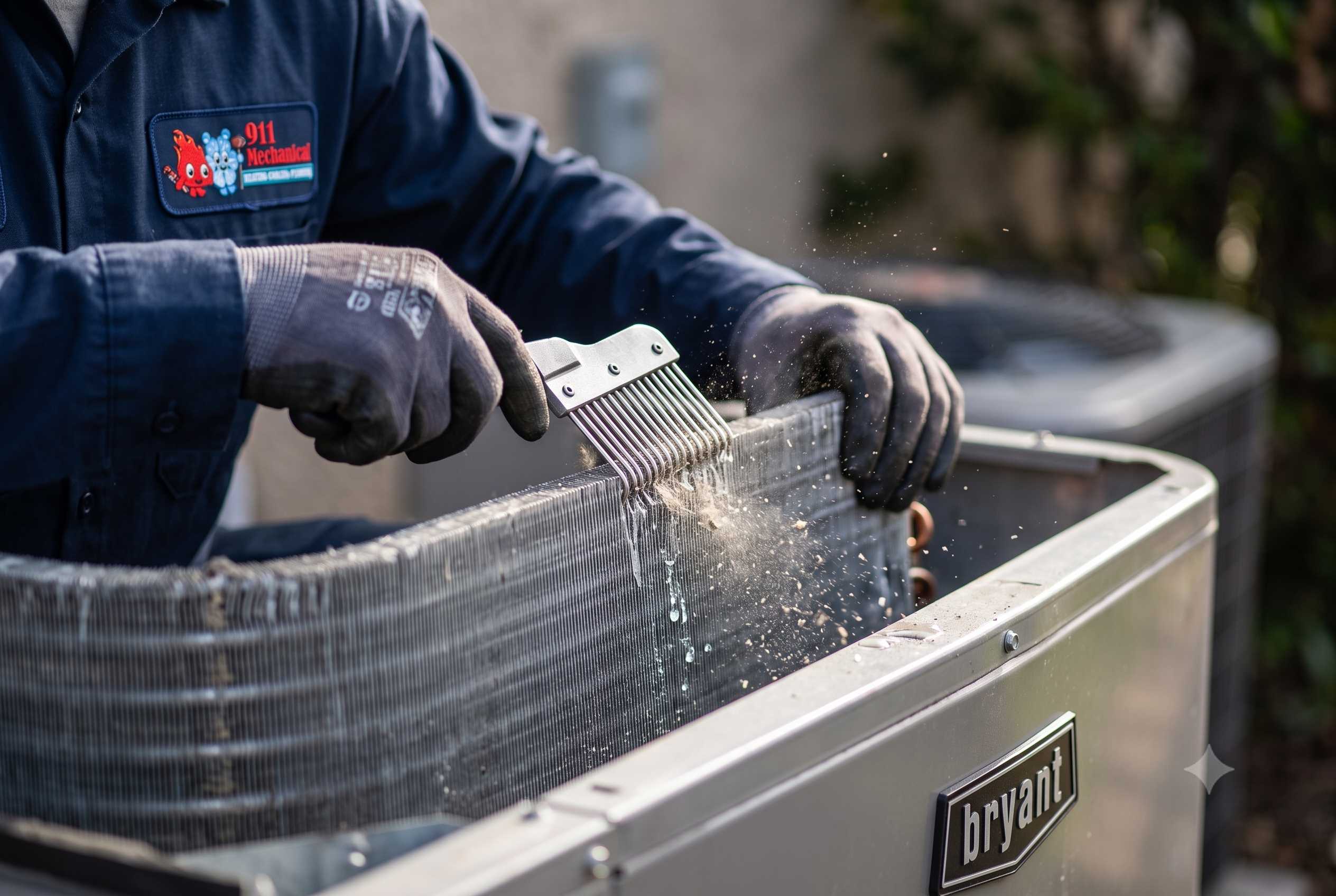 Close-up of a 911 Mechanical technician performing maintenance on a Bryant AC unit to improve energy efficiency.