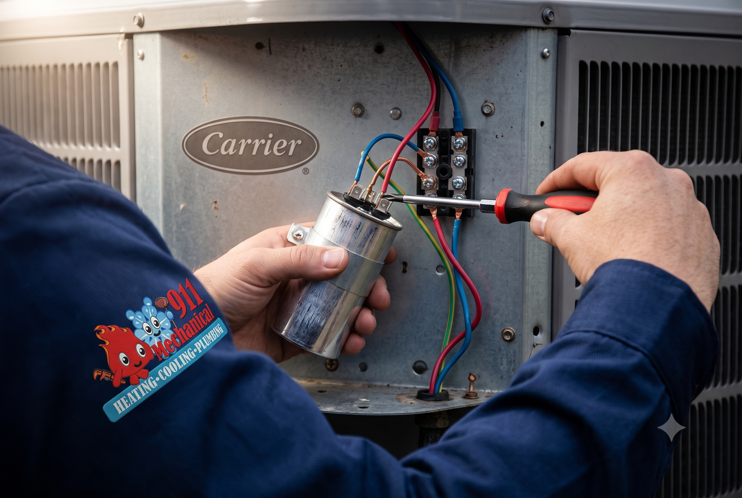 Professional 911 Mechanical technician performing Carrier AC repair in Sterling Heights, MI.