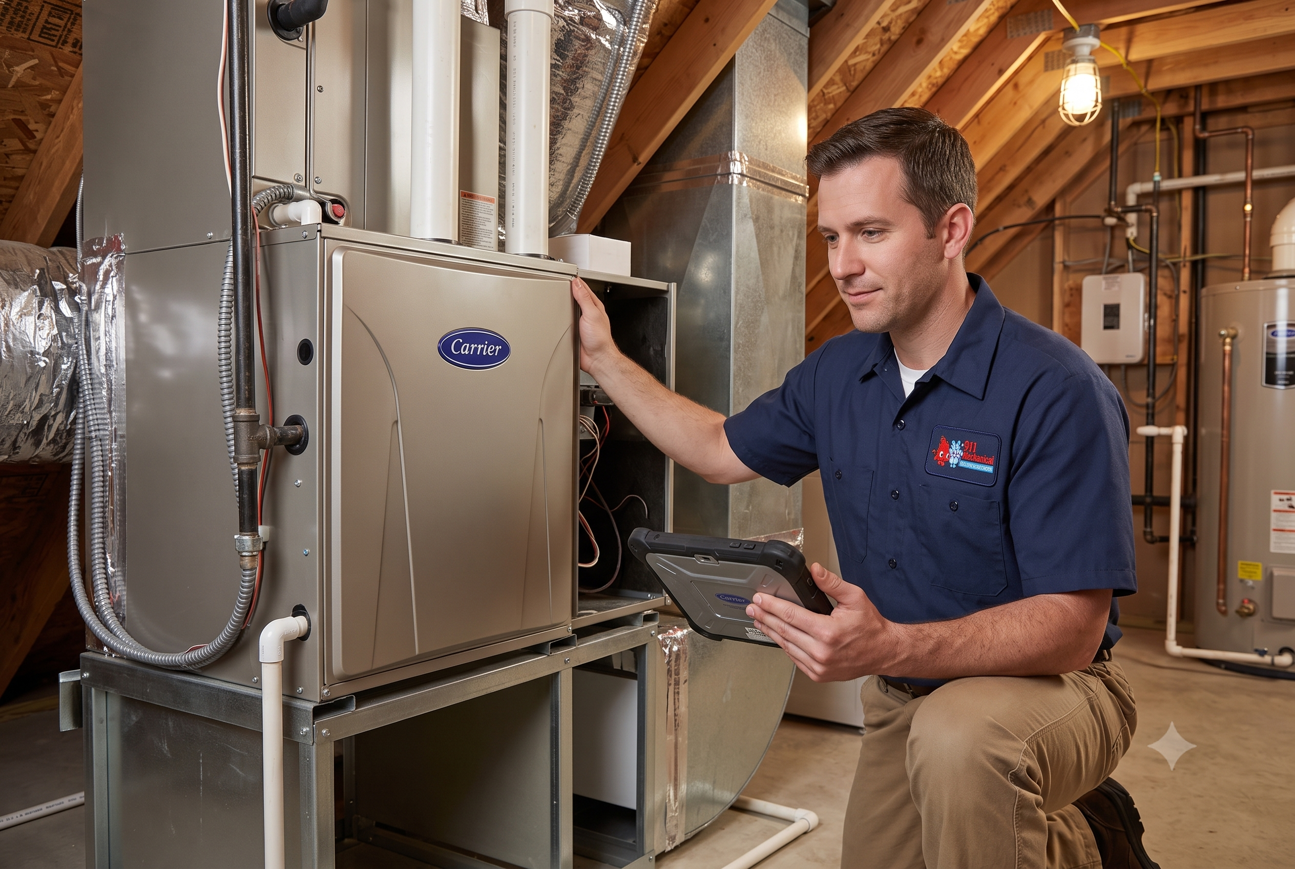 911 Mechanical technician servicing a Carrier ductless mini-split system in a Utica, MI home.