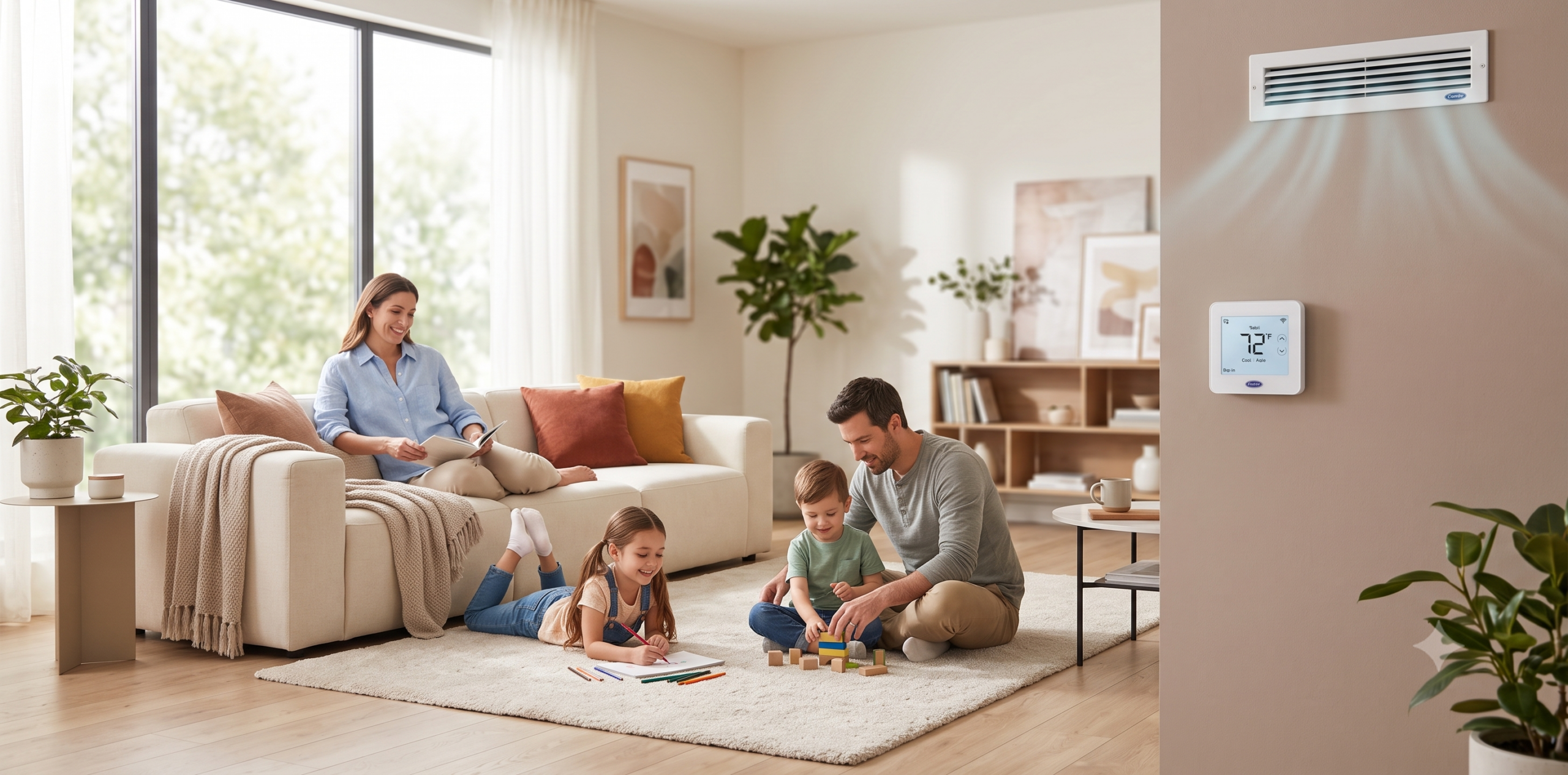 A comfortable living room efficiently cooled by a professionally maintained Carrier air conditioning system.