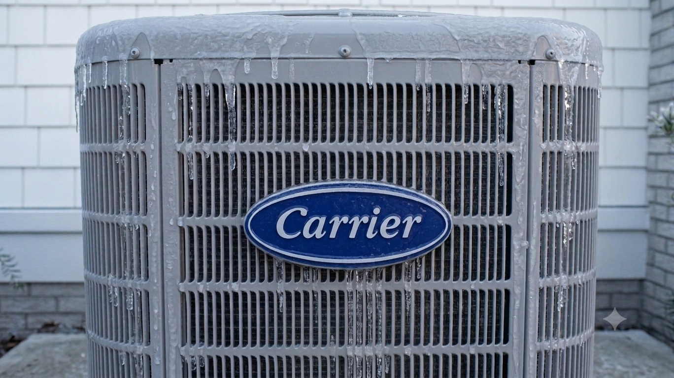 Close-up view of a grey outdoor Carrier air conditioning unit covered in frozen ice and hanging icicles, prominently displaying the classic blue oval Carrier logo on its metallic grille with white siding in the background.