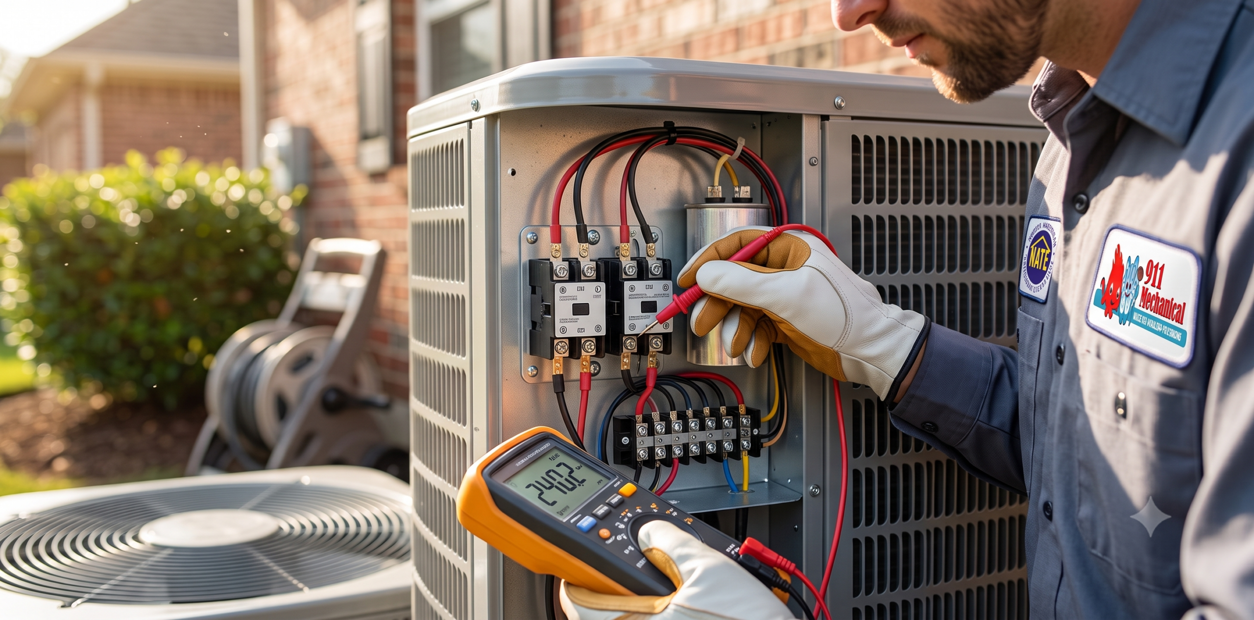 Certified HVAC technician performing precise electrical diagnostics on an AC unit.