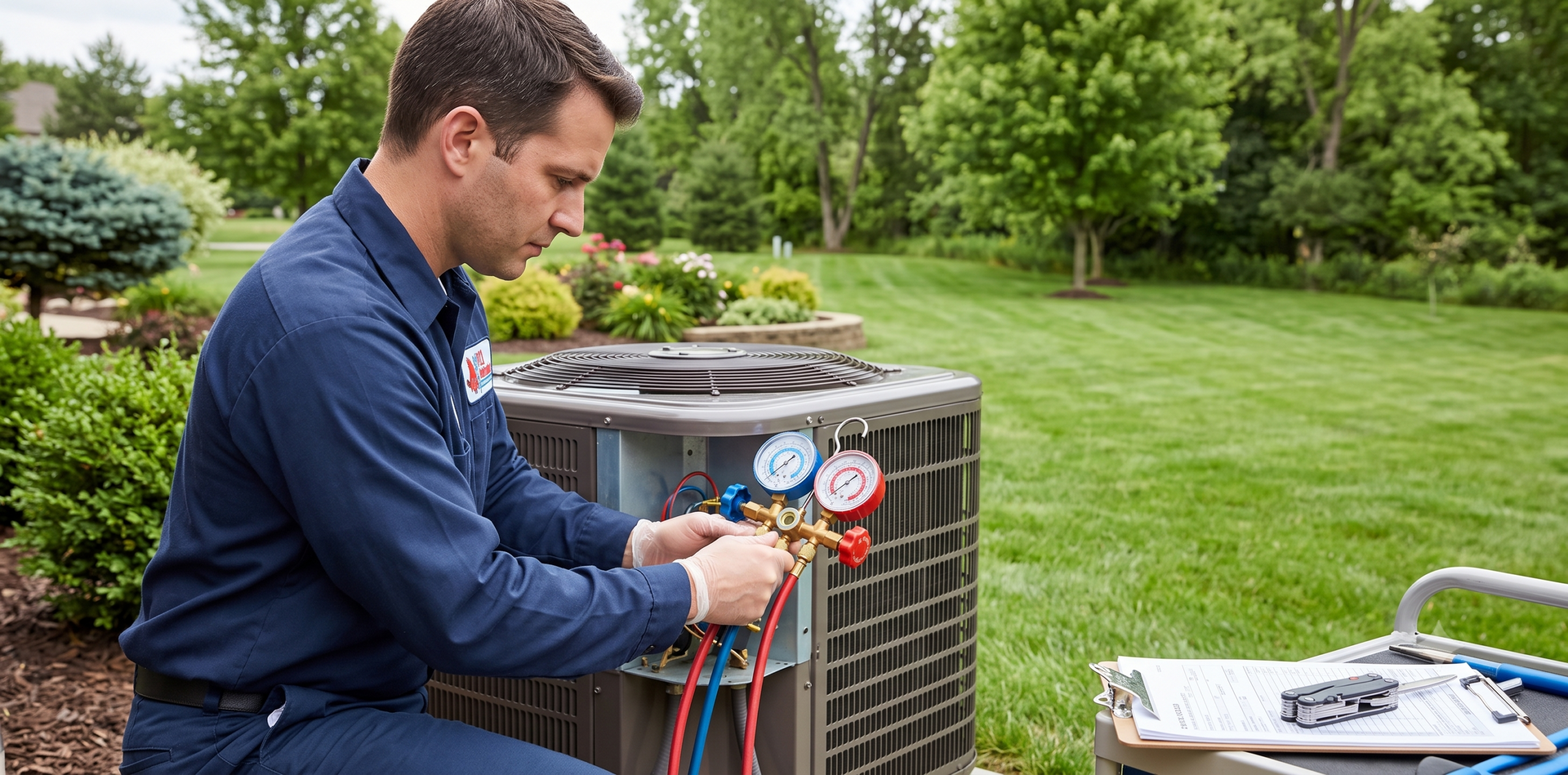 Certified HVAC technician checking refrigerant pressure levels with manifold gauges on an outdoor unit.