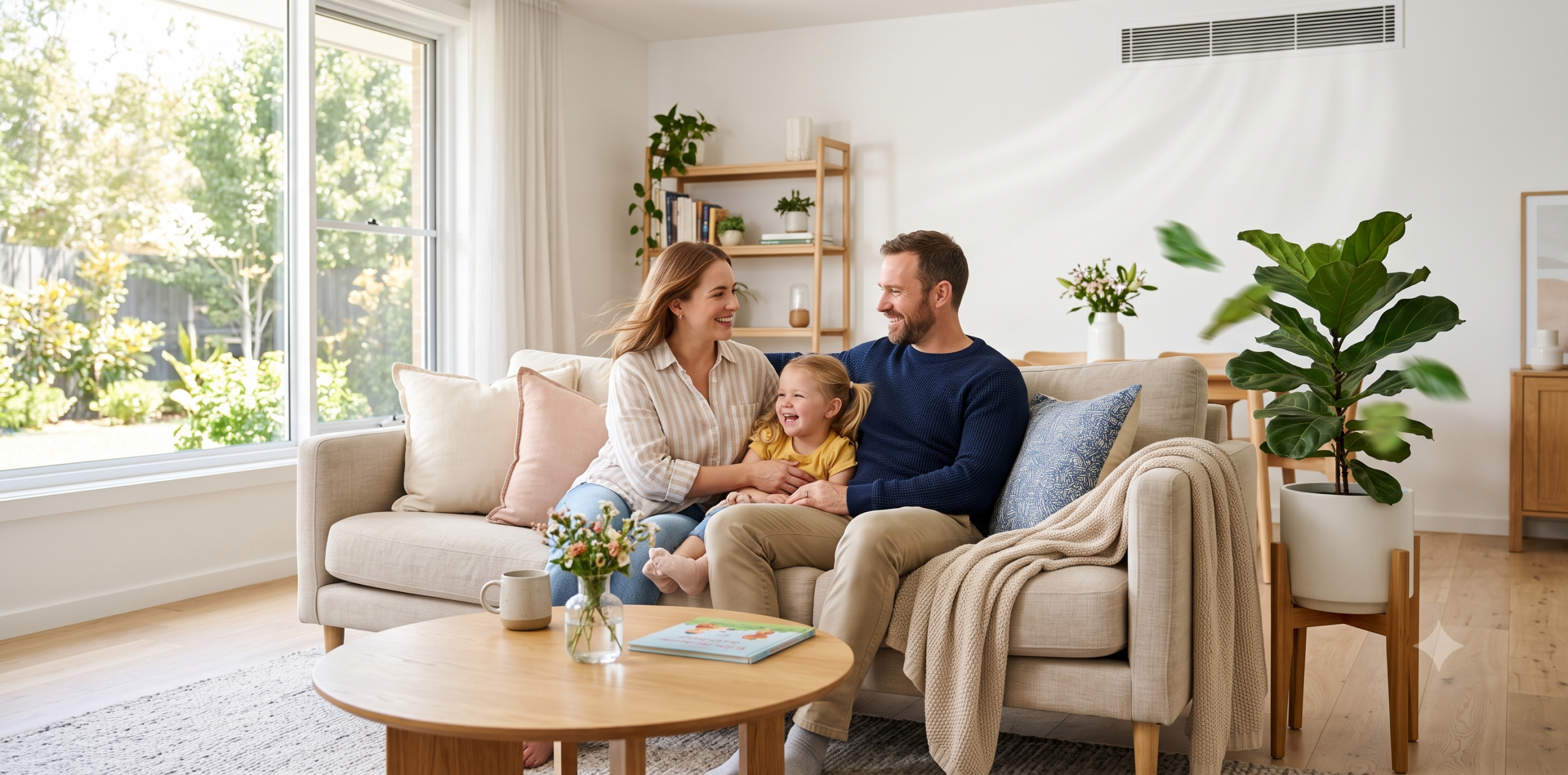 A happy family enjoying a cool and comfortable indoor climate after an air conditioning repair.