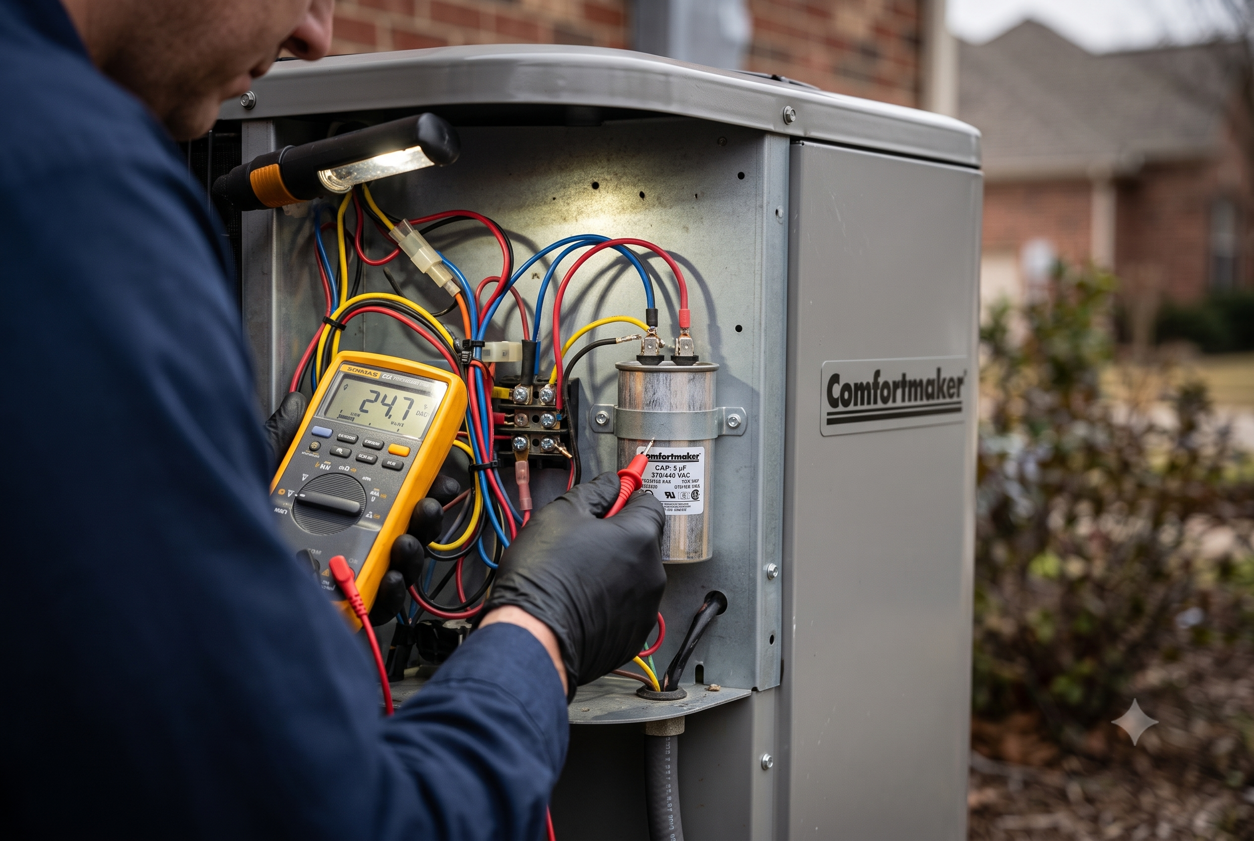 911 Mechanical technician diagnosing electrical components inside a Comfortmaker AC unit in West Bloomfield.