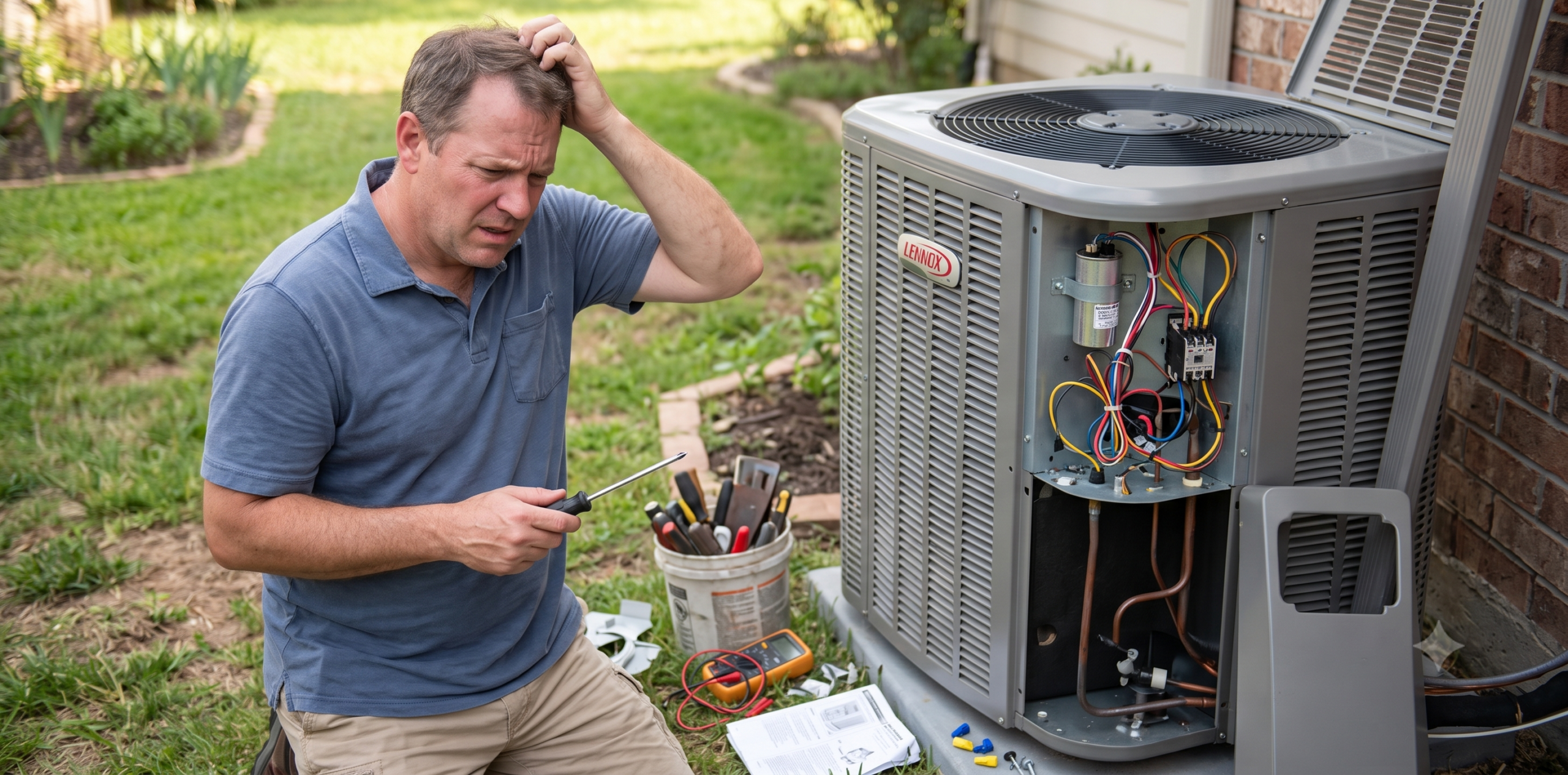 A close-up photograph of a stressed homeowner with a screwdriver looking confused while attempting a DIY repair on a complex, partially disassembled outdoor Lennox air conditioner condenser unit, with tools scattered around him.